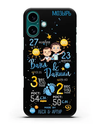 Именной чехол Детская метрика для двух мальчиков силиконовый для iPhone 16 Plus