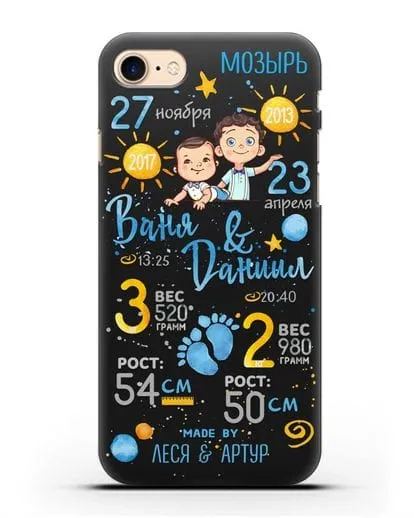 Именной чехол Детская метрика для двух мальчиков силиконовый для iPhone 7