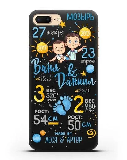 Именной чехол Детская метрика для двух мальчиков силиконовый для iPhone 8 Plus
