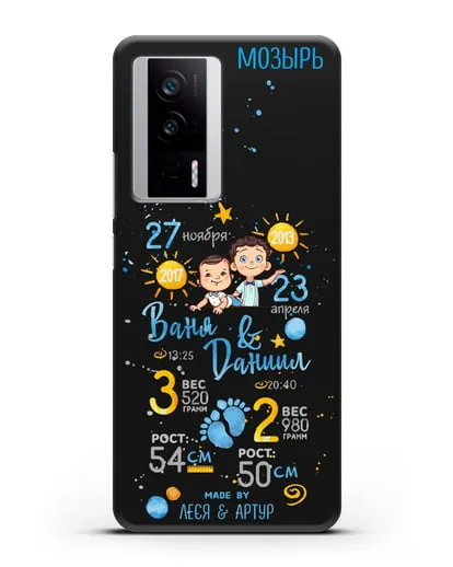 Именной чехол Детская метрика для двух мальчиков силиконовый для Xiaomi Poco F5 Pro