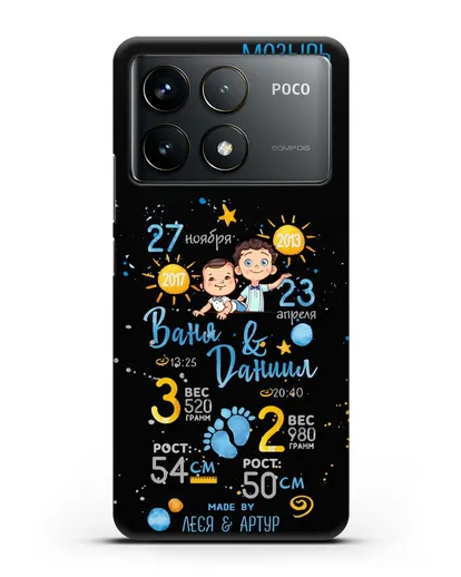 Именной чехол Детская метрика для двух мальчиков силиконовый для Xiaomi Poco F6 Pro