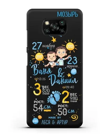 Именной чехол Детская метрика для двух мальчиков силиконовый для Xiaomi Poco X3