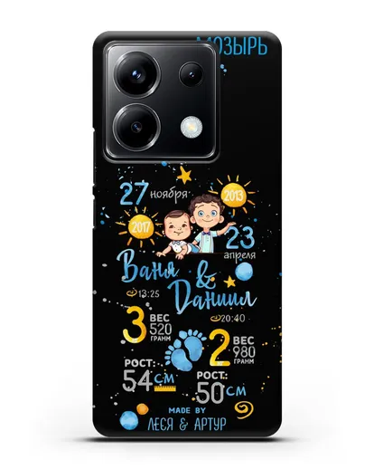 Именной чехол Детская метрика для двух мальчиков силиконовый для Xiaomi Poco X6