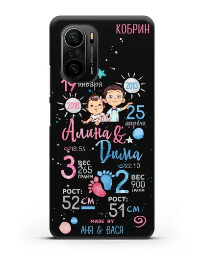 Именной чехол Детская метрика для старшего мальчика и младшей девочки силиконовый для Xiaomi Poco F3