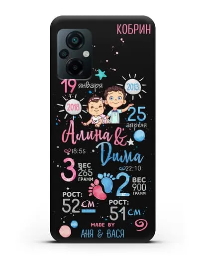 Именной чехол Детская метрика для старшего мальчика и младшей девочки силиконовый для Xiaomi Poco M5