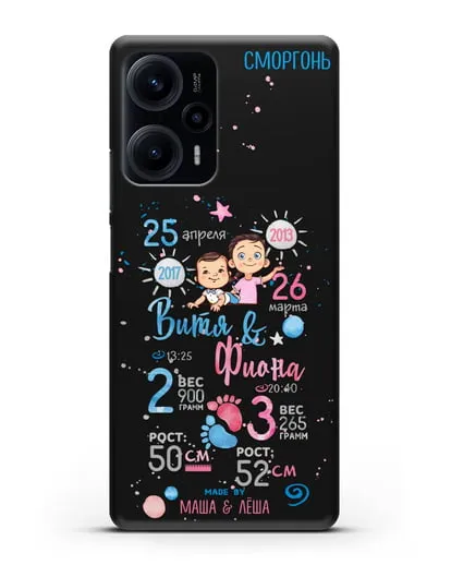 Именной чехол Детская метрика для старшей девочки и младшего мальчика силиконовый для Xiaomi Poco F5