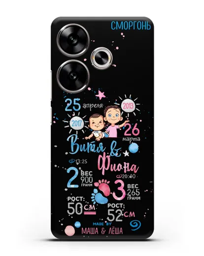 Именной чехол Детская метрика для старшей девочки и младшего мальчика силиконовый для Xiaomi Poco F6