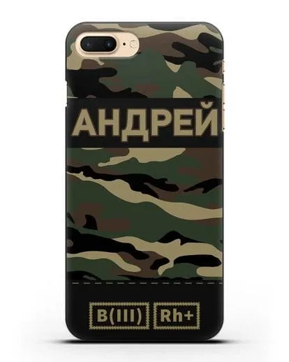 Именной чехол с группой крови и именем камуфляж вудланд силиконовый для iPhone 7 Plus