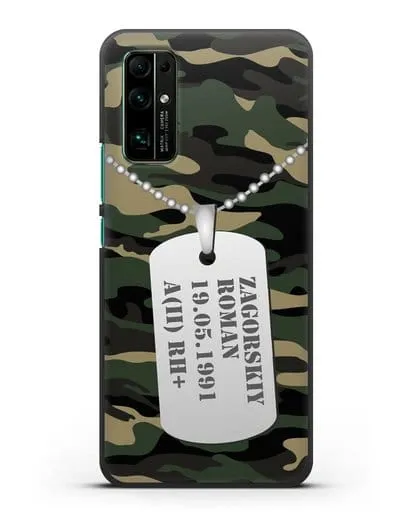 Чехол Армейский жетон с фамилией, датой рождения и группой крови, камуфляж вудланд силиконовый для Honor 30