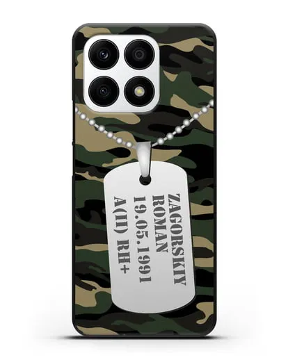 Чехол Армейский жетон с фамилией, датой рождения и группой крови, камуфляж вудланд силиконовый для Honor X8a