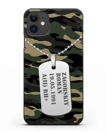 Чехол Армейский жетон с фамилией, датой рождения и группой крови, камуфляж вудланд силиконовый для iPhone 11