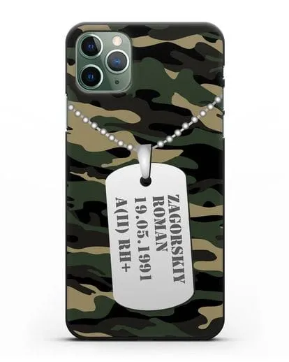 Чехол Армейский жетон с фамилией, датой рождения и группой крови, камуфляж вудланд силиконовый для iPhone 11 Pro Max