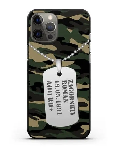 Чехол Армейский жетон с фамилией, датой рождения и группой крови, камуфляж вудланд силиконовый для iPhone 12 Pro Max