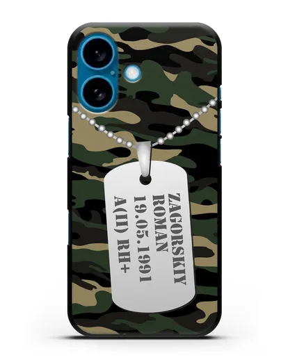 Чехол Армейский жетон с фамилией, датой рождения и группой крови, камуфляж вудланд силиконовый для iPhone 16