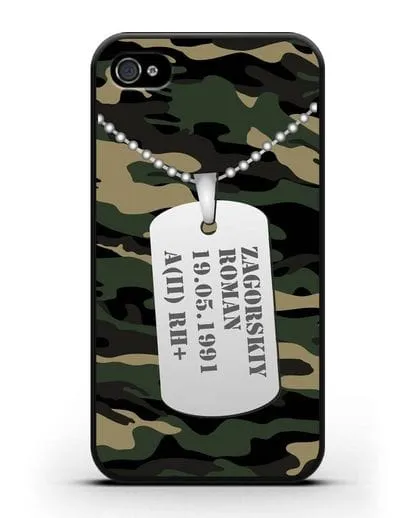 Чехол Армейский жетон с фамилией, датой рождения и группой крови, камуфляж вудланд силиконовый для iPhone 4/4s