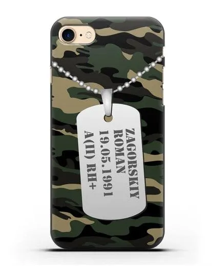 Чехол Армейский жетон с фамилией, датой рождения и группой крови, камуфляж вудланд силиконовый для iPhone 7