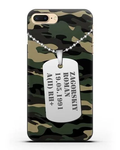 Чехол Армейский жетон с фамилией, датой рождения и группой крови, камуфляж вудланд силиконовый для iPhone 7 Plus