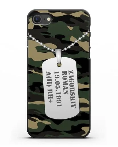 Чехол Армейский жетон с фамилией, датой рождения и группой крови, камуфляж вудланд силиконовый для iPhone SE 2020