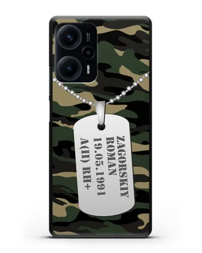 Чехол Армейский жетон с фамилией, датой рождения и группой крови, камуфляж вудланд силиконовый для Xiaomi Poco F5