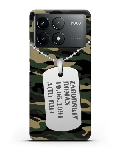 Чехол Армейский жетон с фамилией, датой рождения и группой крови, камуфляж вудланд силиконовый для Xiaomi Poco F6 Pro