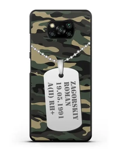 Чехол Армейский жетон с фамилией, датой рождения и группой крови, камуфляж вудланд силиконовый для Xiaomi Poco X3