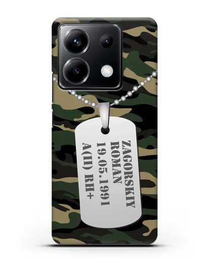 Чехол Армейский жетон с фамилией, датой рождения и группой крови, камуфляж вудланд силиконовый для Xiaomi Poco X6