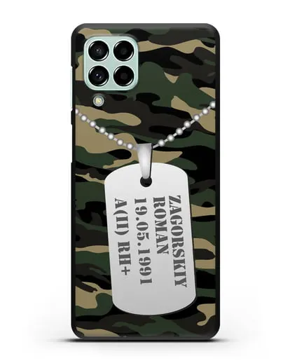 Чехол Армейский жетон с фамилией, датой рождения и группой крови, камуфляж вудланд силиконовый для Samsung Galaxy M53 [SM-M536]