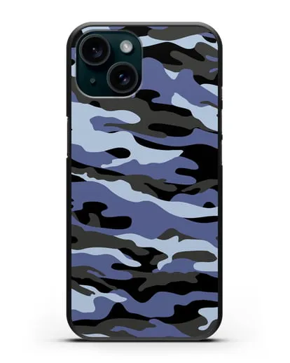 Чехол с рисунком камуфляж синий силиконовый для iPhone 15