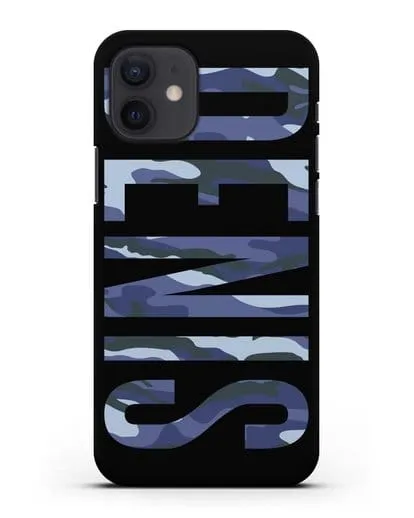 Чехол с именем, фамилией камуфляж синий силиконовый для iPhone 12