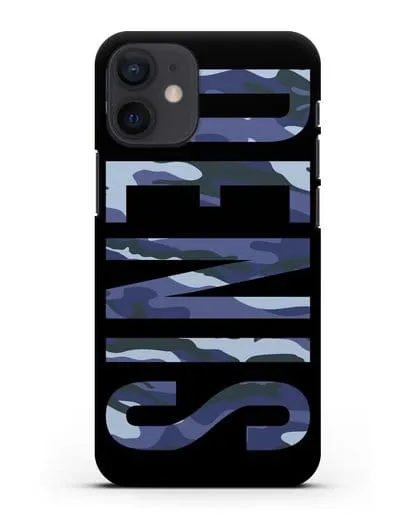 Чехол с именем, фамилией камуфляж синий силиконовый для iPhone 12 mini