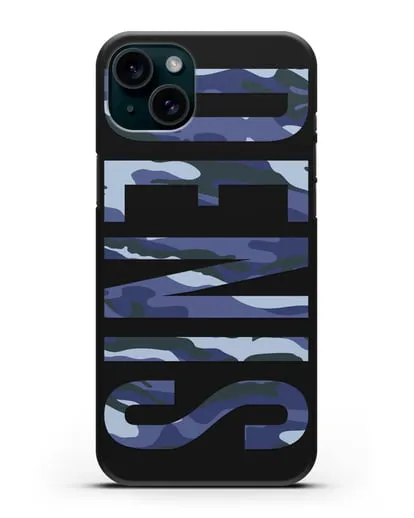 Чехол с именем, фамилией камуфляж синий силиконовый для iPhone 15 Plus