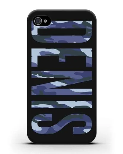 Чехол с именем, фамилией камуфляж синий силиконовый для iPhone 4/4s