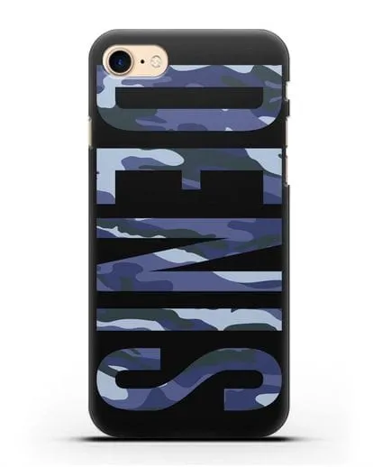 Чехол с именем, фамилией камуфляж синий силиконовый для iPhone 8