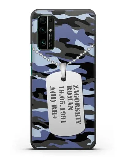 Чехол Армейский жетон с фамилией, датой рождения и группой крови, камуфляж синий силиконовый для Honor 30