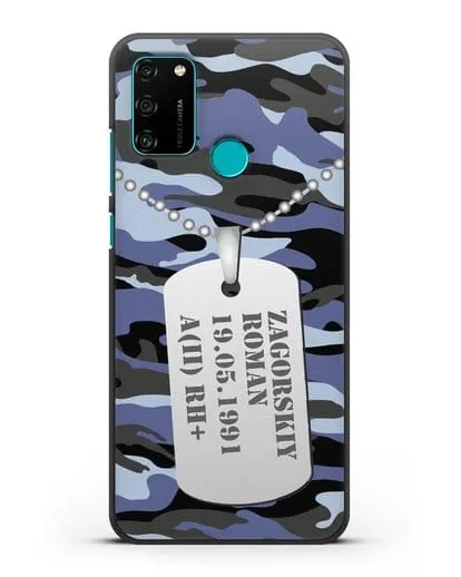 Чехол Армейский жетон с фамилией, датой рождения и группой крови, камуфляж синий силиконовый для Honor 9A