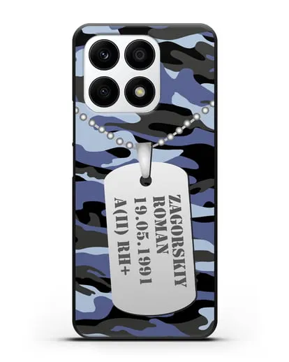 Чехол Армейский жетон с фамилией, датой рождения и группой крови, камуфляж синий силиконовый для Honor X8a
