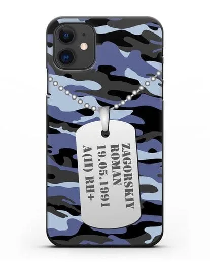 Чехол Армейский жетон с фамилией, датой рождения и группой крови, камуфляж синий силиконовый для iPhone 11