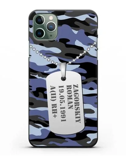 Чехол Армейский жетон с фамилией, датой рождения и группой крови, камуфляж синий силиконовый для iPhone 11 Pro