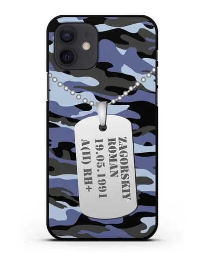 Чехол Армейский жетон с фамилией, датой рождения и группой крови, камуфляж синий силиконовый для iPhone 12