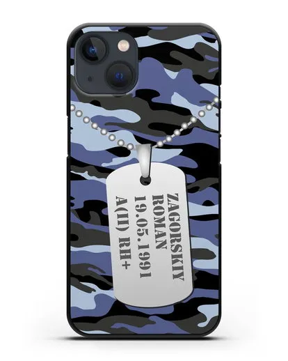 Чехол Армейский жетон с фамилией, датой рождения и группой крови, камуфляж синий силиконовый для iPhone 13