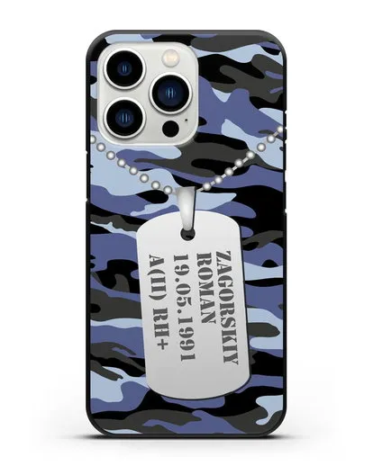 Чехол Армейский жетон с фамилией, датой рождения и группой крови, камуфляж синий силиконовый для iPhone 13 Pro