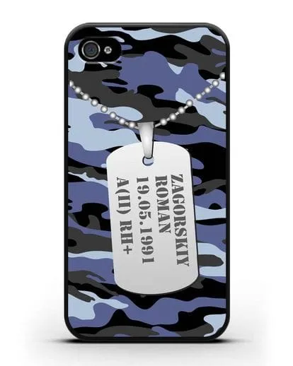 Чехол Армейский жетон с фамилией, датой рождения и группой крови, камуфляж синий силиконовый для iPhone 4/4s