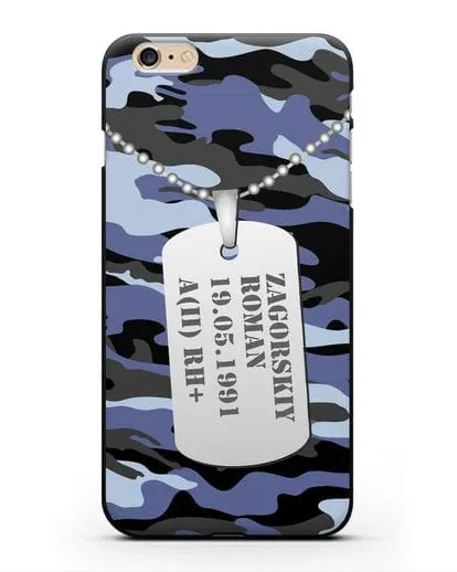 Чехол Армейский жетон с фамилией, датой рождения и группой крови, камуфляж синий силиконовый для iPhone 6 Plus