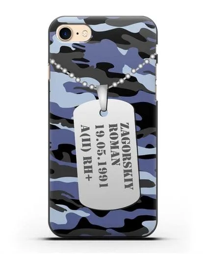 Чехол Армейский жетон с фамилией, датой рождения и группой крови, камуфляж синий силиконовый для iPhone 8