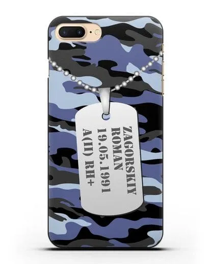 Чехол Армейский жетон с фамилией, датой рождения и группой крови, камуфляж синий силиконовый для iPhone 7 Plus