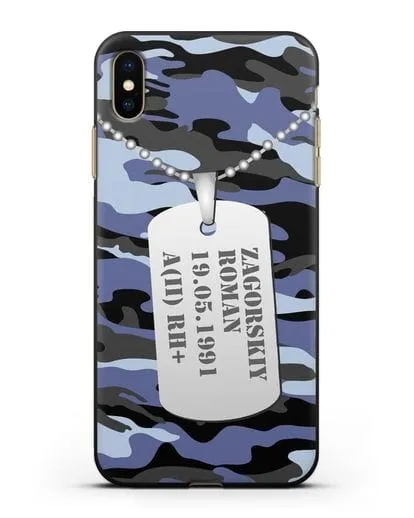 Чехол Армейский жетон с фамилией, датой рождения и группой крови, камуфляж синий силиконовый для iPhone XS Max