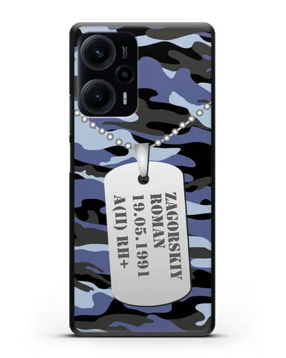 Чехол Армейский жетон с фамилией, датой рождения и группой крови, камуфляж синий силиконовый для Xiaomi Poco F5