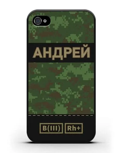 Именной чехол с группой крови и именем, камуфляж зеленый пиксель силиконовый для iPhone 4/4s
