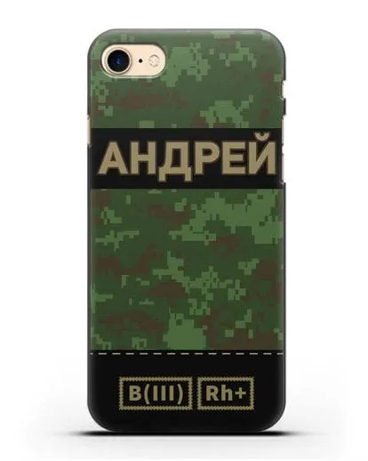 Именной чехол с группой крови и именем, камуфляж зеленый пиксель силиконовый для iPhone 7