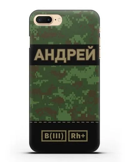 Именной чехол с группой крови и именем, камуфляж зеленый пиксель силиконовый для iPhone 7 Plus